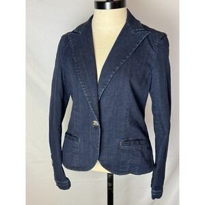 Theory Blue One-Button Tailored Fitted Blue Denim Jean Jacket Blazer Small